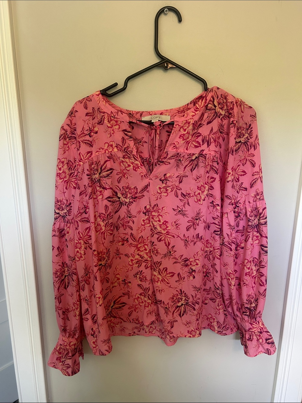 LOFT Pink Floral Long-Sleeve Peasant Blouse medium